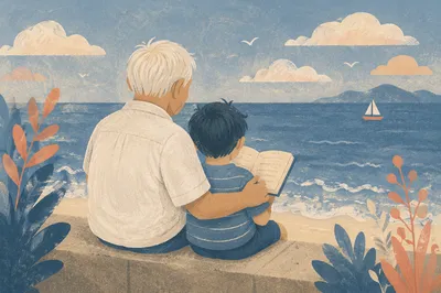 Grandfather and Grandchild Reading by the Sea