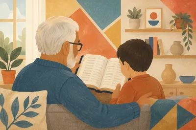 Grandfather and Grandchild Reading Bible at Home