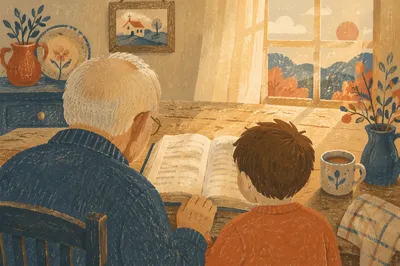 Grandfather and Grandchild Reading Bible Together