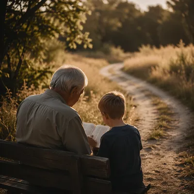 Grandfather and Grandchild Reading Bible Outdoors