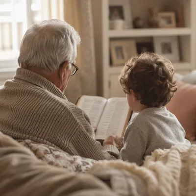 Grandfather and Grandchild Reading Bible Together