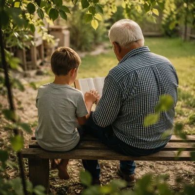 Grandfather and Grandchild Reading Bible in Garden