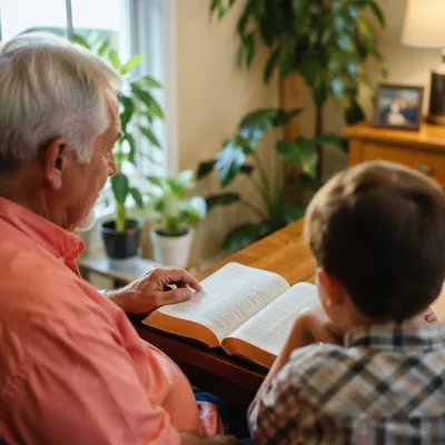Grandfather and Grandchild Reading Bible Together