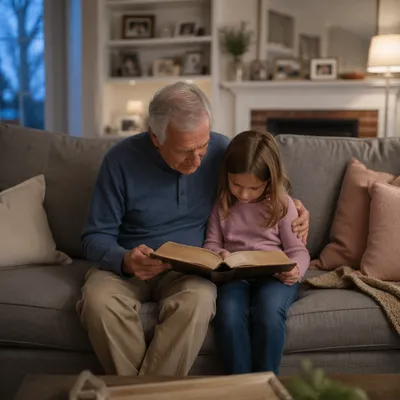 Grandfather and Grandchild Reading Bible at Home
