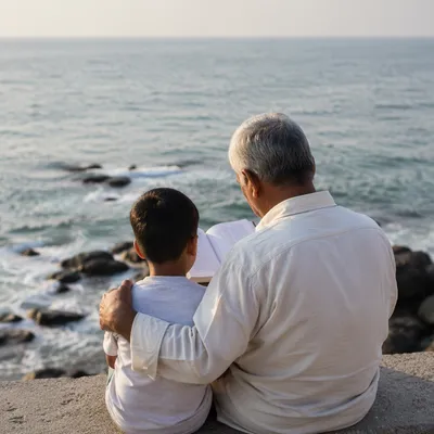 Grandfather and Child Reading Bible by the Sea