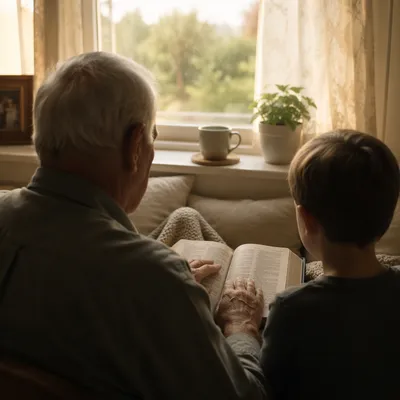 Grandfather and Grandchild Reading Bible by Window