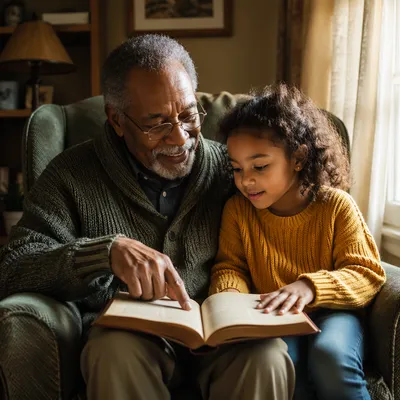 Grandfather and Granddaughter Reading Together