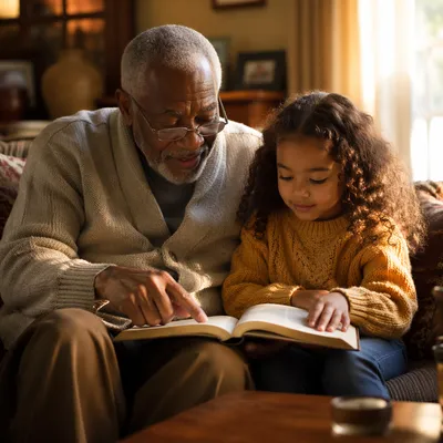 Grandfather and Granddaughter Reading Together