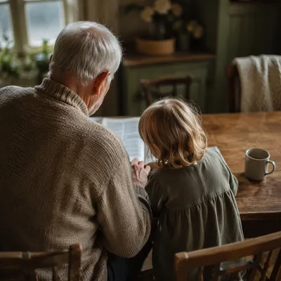 Grandfather and Grandchild Reading Bible Together