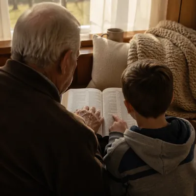 Grandfather and Grandchild Reading Bible Together