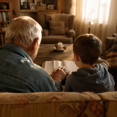 Grandfather and Grandchild Reading Bible Together