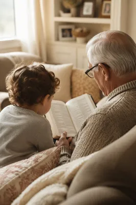 Grandfather and Grandchild Reading Bible Together