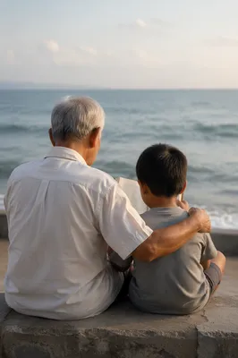Grandfather and Grandchild Reading Scripture by the Sea