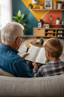 Grandfather and Grandchild Reading Bible Together