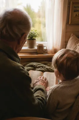 Grandfather and Grandchild Reading Bible by Window