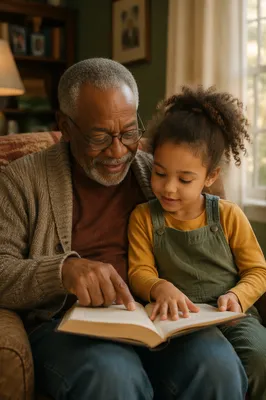 Grandfather and Granddaughter Reading Together