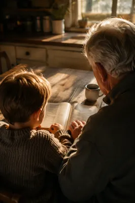 Grandfather and Grandchild Reading Bible Together