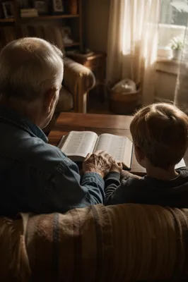 Grandfather and Grandchild Reading Bible Together