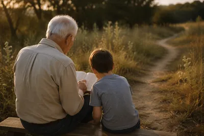 Grandfather and Grandchild Reading Bible Outdoors