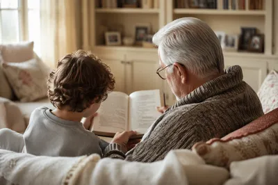 Grandfather and Grandchild Reading Bible at Home