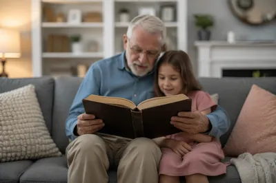 Grandfather and Grandchild Reading Bible at Home