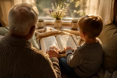 Grandfather and Grandchild Reading Bible Together