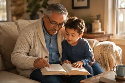 Grandfather and Child Reading Together at Home