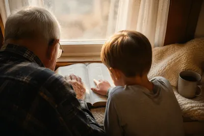 Grandfather and Grandchild Reading the Bible