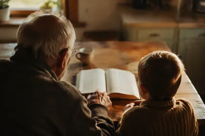 Grandfather and Grandchild Reading Bible Together