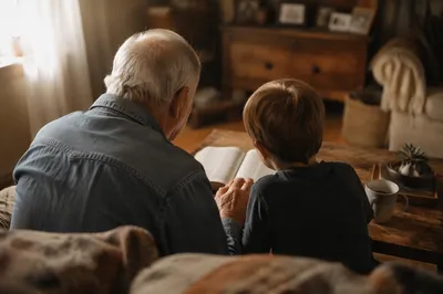 Grandfather and Grandchild Reading Bible Together