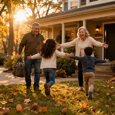 Grandparents Welcoming Grandchildren at Suburban Home