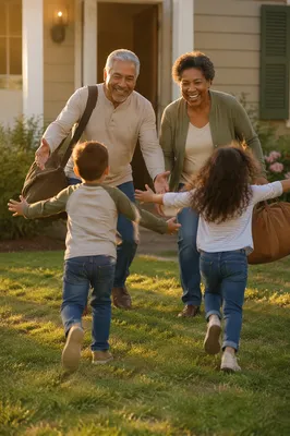 Grandparents Greeting Grandchildren in Front Yard