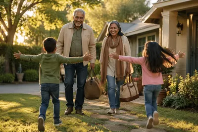 Grandparents Welcomed by Running Grandchildren Outdoors