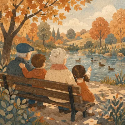 Grandparents and Grandchildren on Autumn Park Bench
