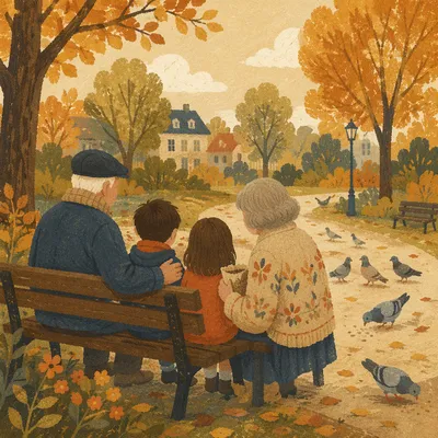 Grandparents and Grandchildren on Autumn Park Bench