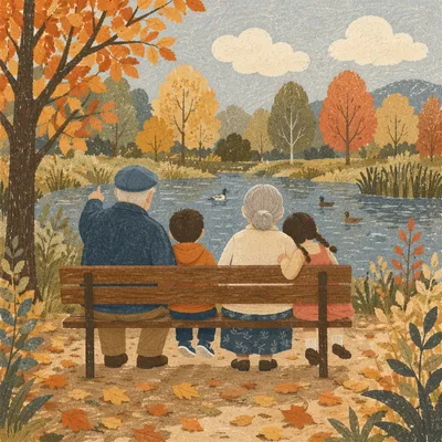 Grandparents and Grandchildren on Park Bench