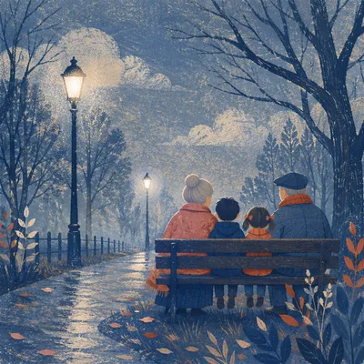 Grandparents and Grandchildren on Misty Park Bench