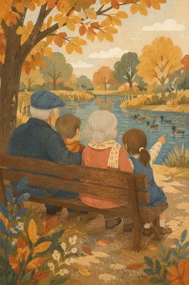 Grandparents and Grandchildren on Autumn Park Bench