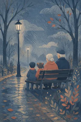 Grandparents and Grandchildren on Misty Park Bench