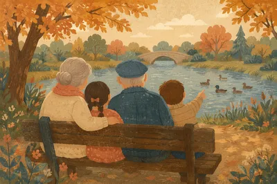 Grandparents and Grandchildren on Autumn Park Bench