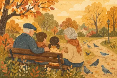 Grandparents and Grandchildren on Autumn Park Bench