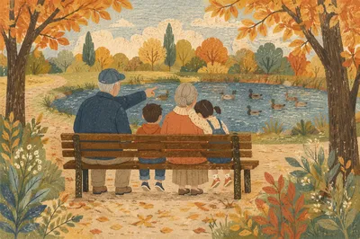 Grandparents and Grandchildren on Autumn Park Bench