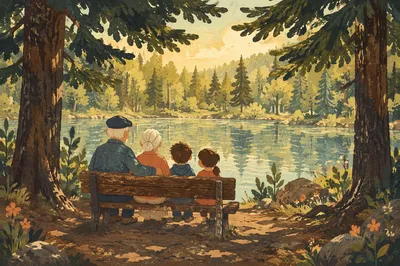 Grandparents and Grandchildren by Lakeside Bench
