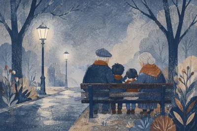 Grandparents and Grandchildren on Misty Park Bench