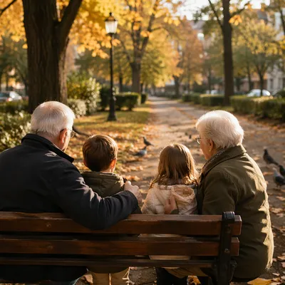 Grandparents and Grandchildren on Autumn Park Bench