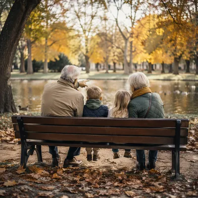 Grandparents and Grandchildren on Park Bench