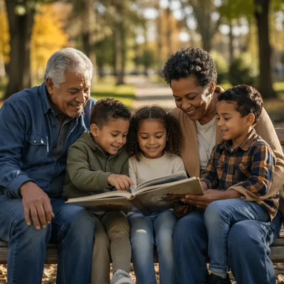 Grandparents and Grandchildren on Autumn Park Bench