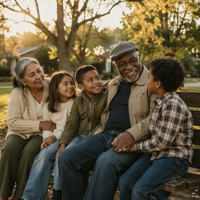 Grandparents and Grandchildren on Park Bench