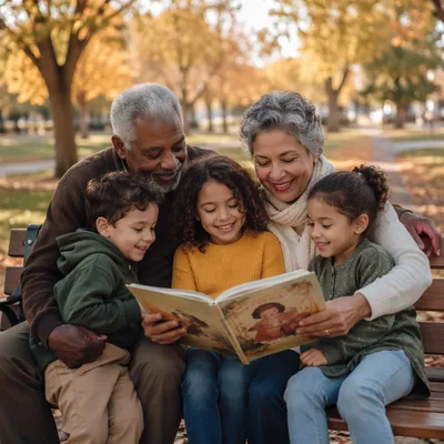 Grandparents and Grandchildren on Park Bench