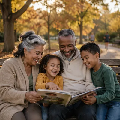 Grandparents and Grandchildren on Park Bench